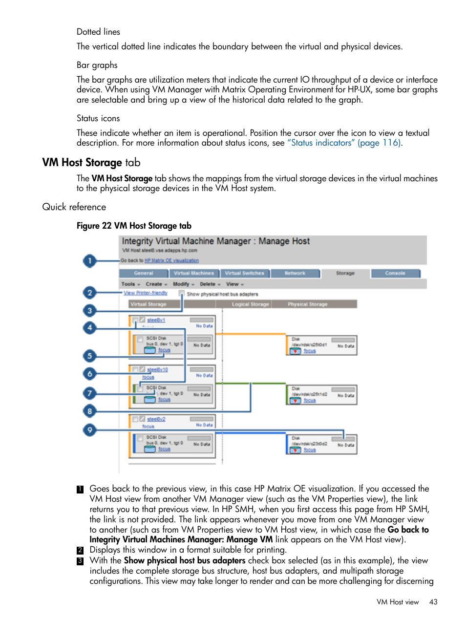 Vm host storage tab, Quick reference | HP Matrix Operating Environment Software User Manual | Page 43 / 128