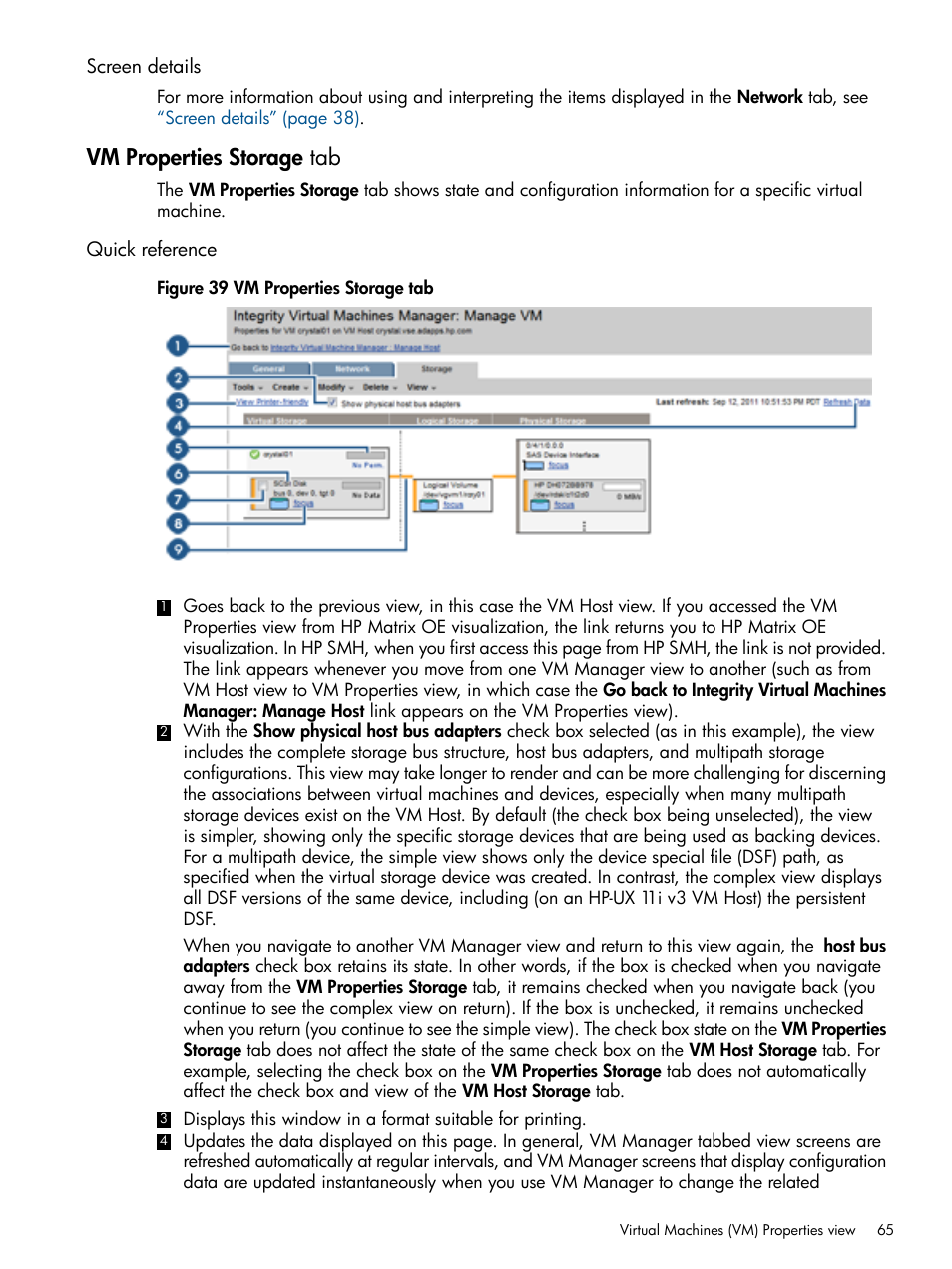 Screen details, Vm properties storage tab, Quick reference | HP Matrix Operating Environment Software User Manual | Page 65 / 128