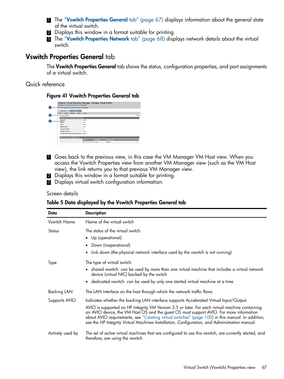 Vswitch properties general tab, Quick reference, Screen details | HP Matrix Operating Environment Software User Manual | Page 67 / 128