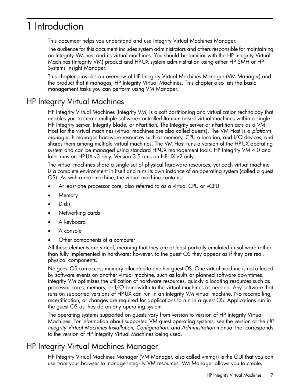 1 introduction, Hp integrity virtual machines, Hp integrity virtual machines manager | HP Matrix Operating Environment Software User Manual | Page 7 / 128