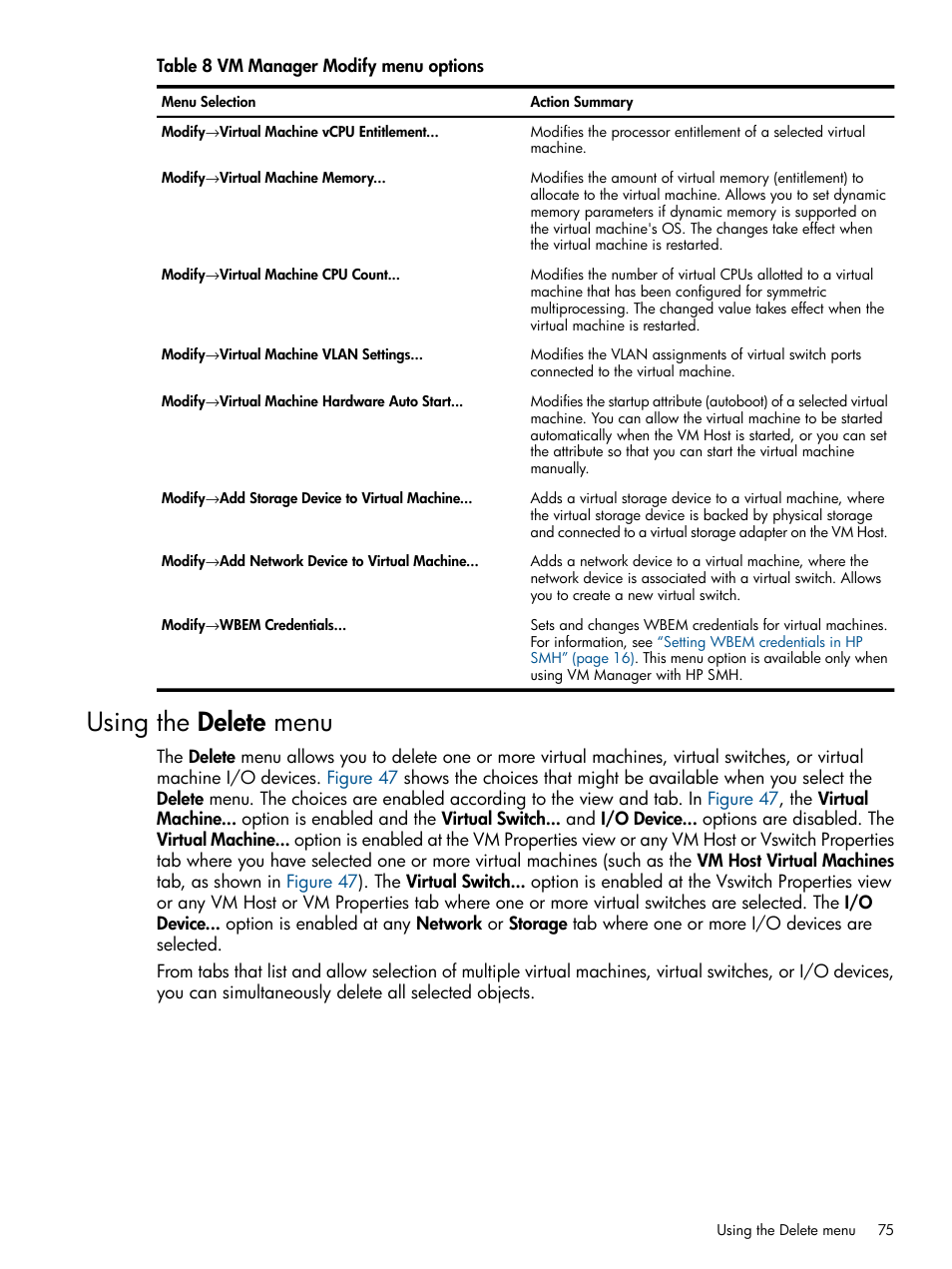 Using the delete menu, Table 8 | HP Matrix Operating Environment Software User Manual | Page 75 / 128
