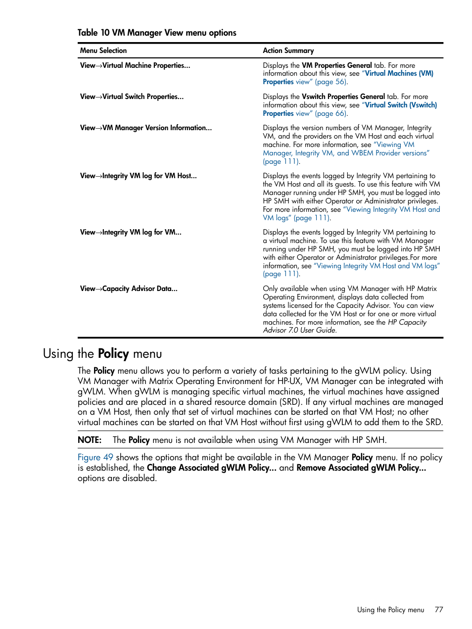 Using the policy menu, Table 10 | HP Matrix Operating Environment Software User Manual | Page 77 / 128