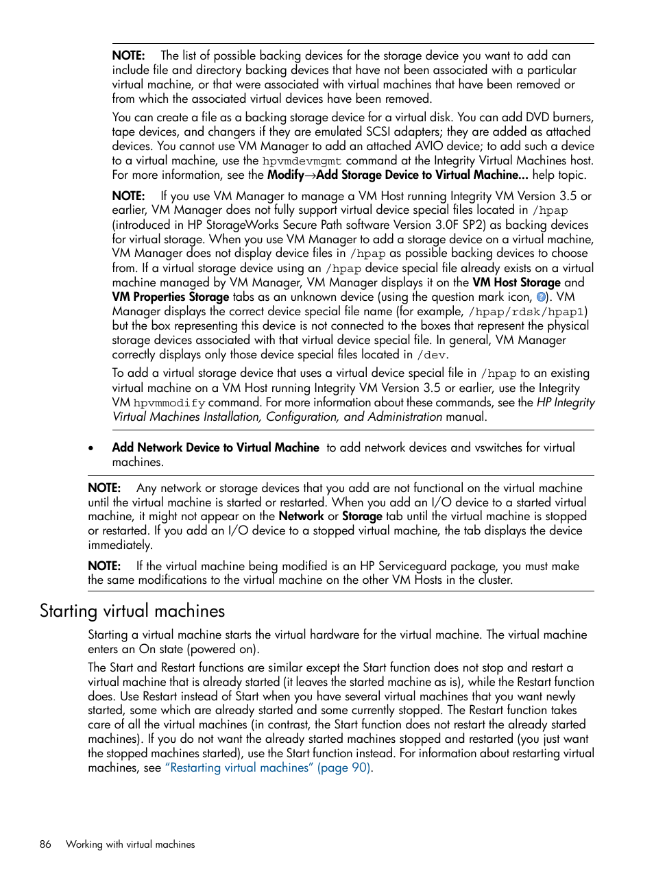 Starting virtual machines | HP Matrix Operating Environment Software User Manual | Page 86 / 128