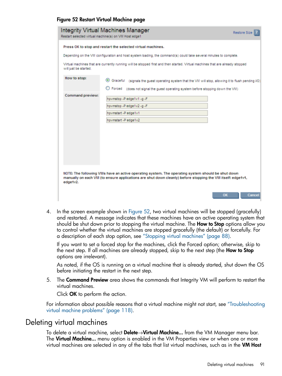 Deleting virtual machines | HP Matrix Operating Environment Software User Manual | Page 91 / 128