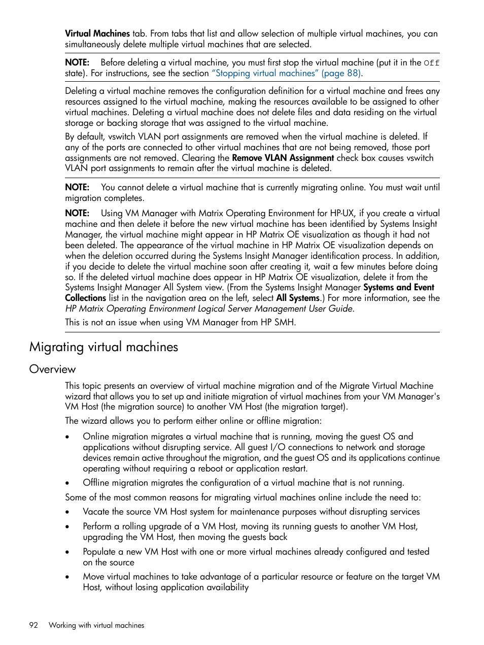 Migrating virtual machines, Overview | HP Matrix Operating Environment Software User Manual | Page 92 / 128