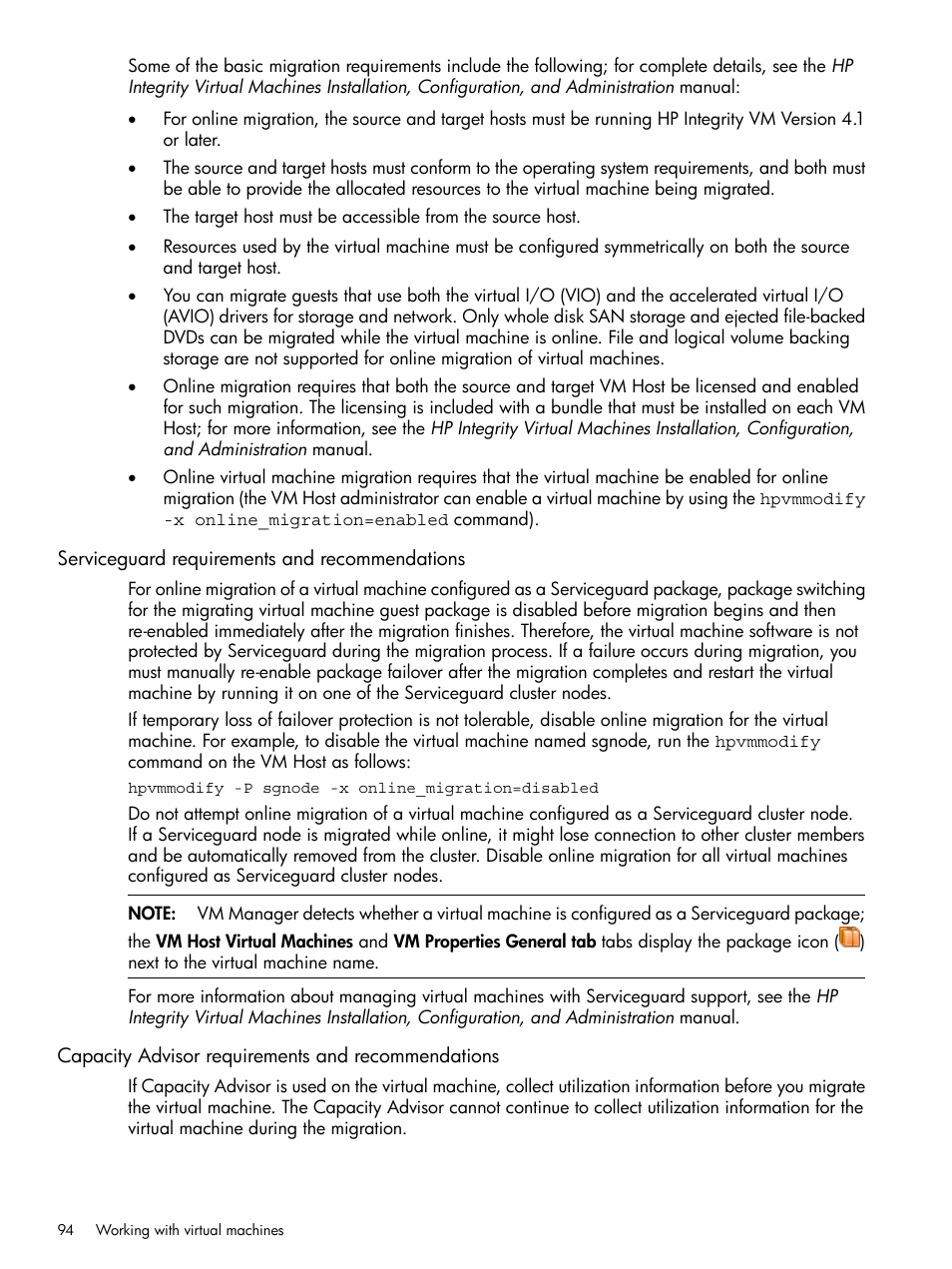 Serviceguard requirements and recommendations, Capacity advisor requirements and recommendations | HP Matrix Operating Environment Software User Manual | Page 94 / 128