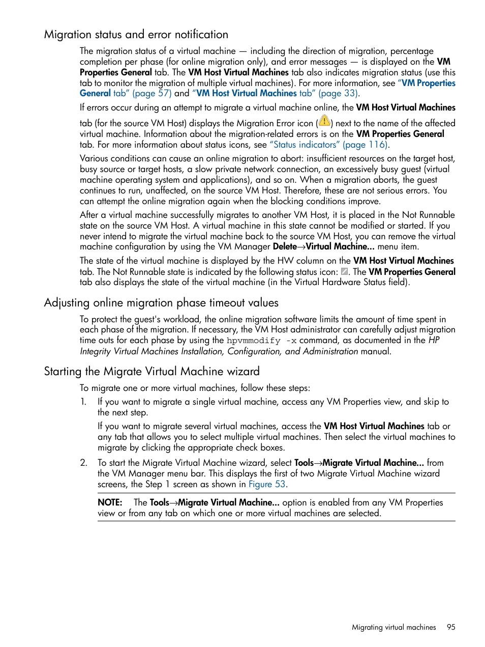 Migration status and error notification, Adjusting online migration phase timeout values, Starting the migrate virtual machine wizard | HP Matrix Operating Environment Software User Manual | Page 95 / 128