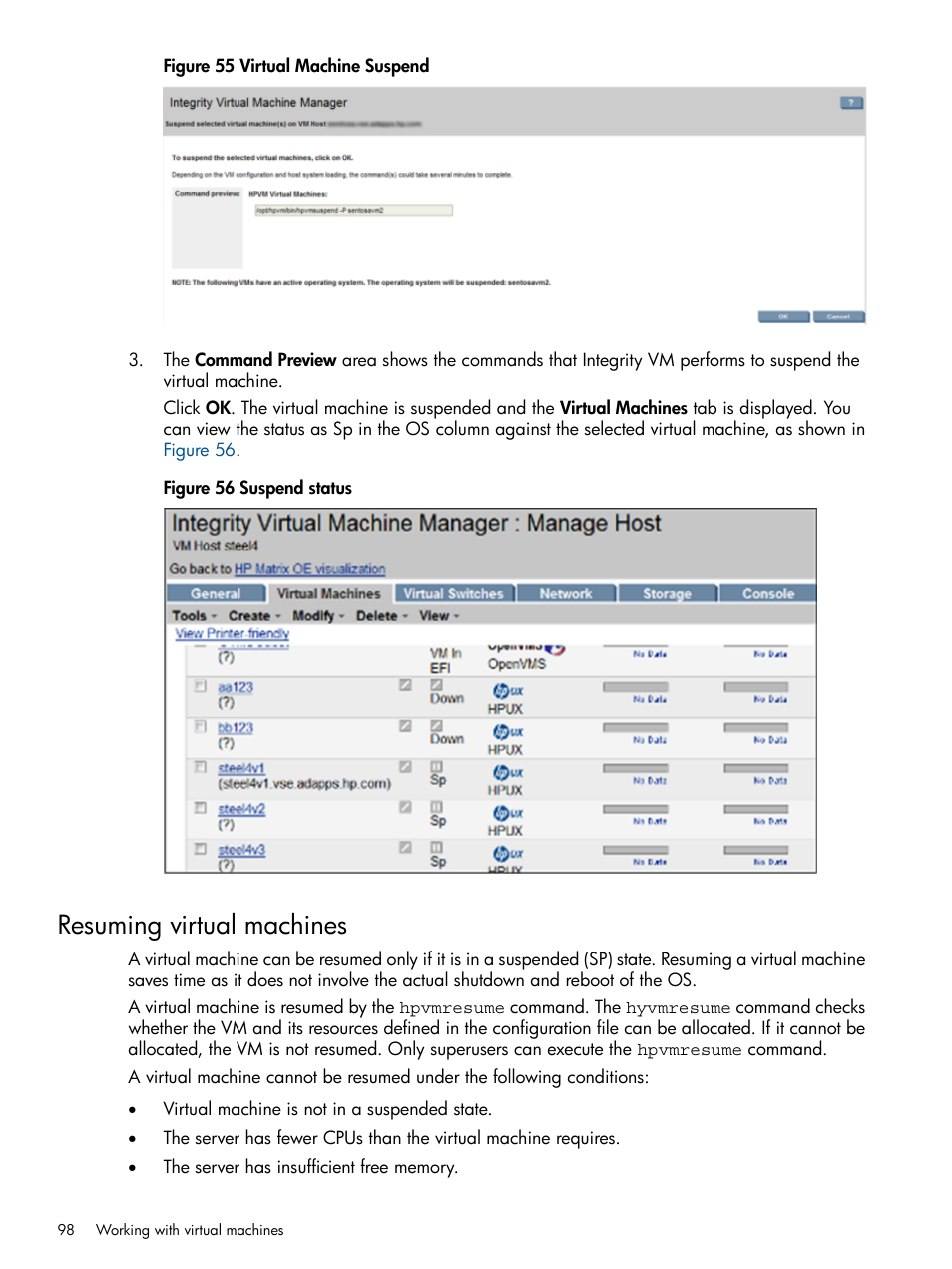 Resuming virtual machines | HP Matrix Operating Environment Software User Manual | Page 98 / 128