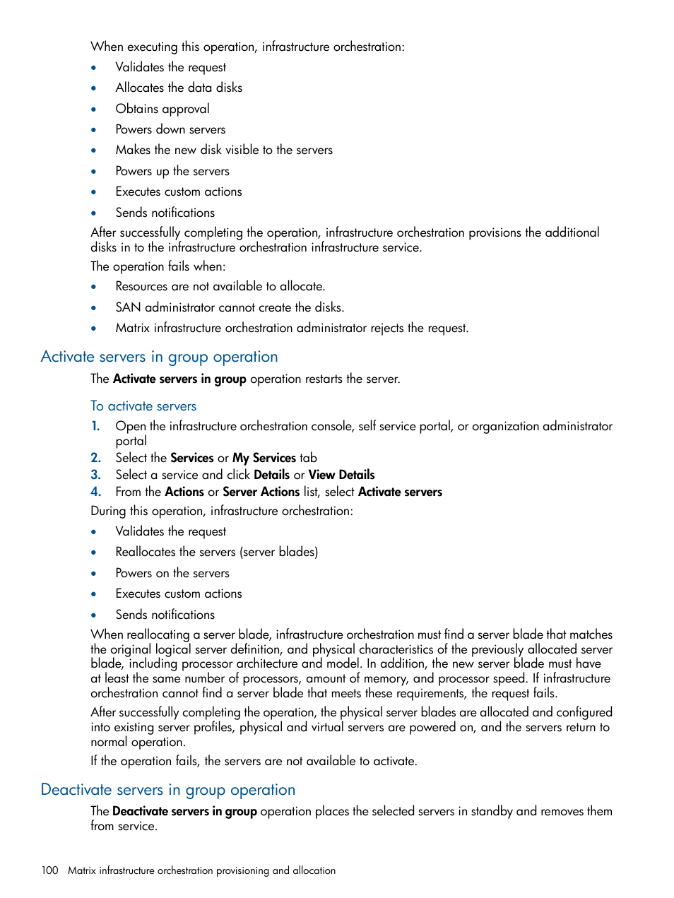 Activate servers in group operation, Deactivate servers in group operation | HP Matrix Operating Environment Software User Manual | Page 100 / 232