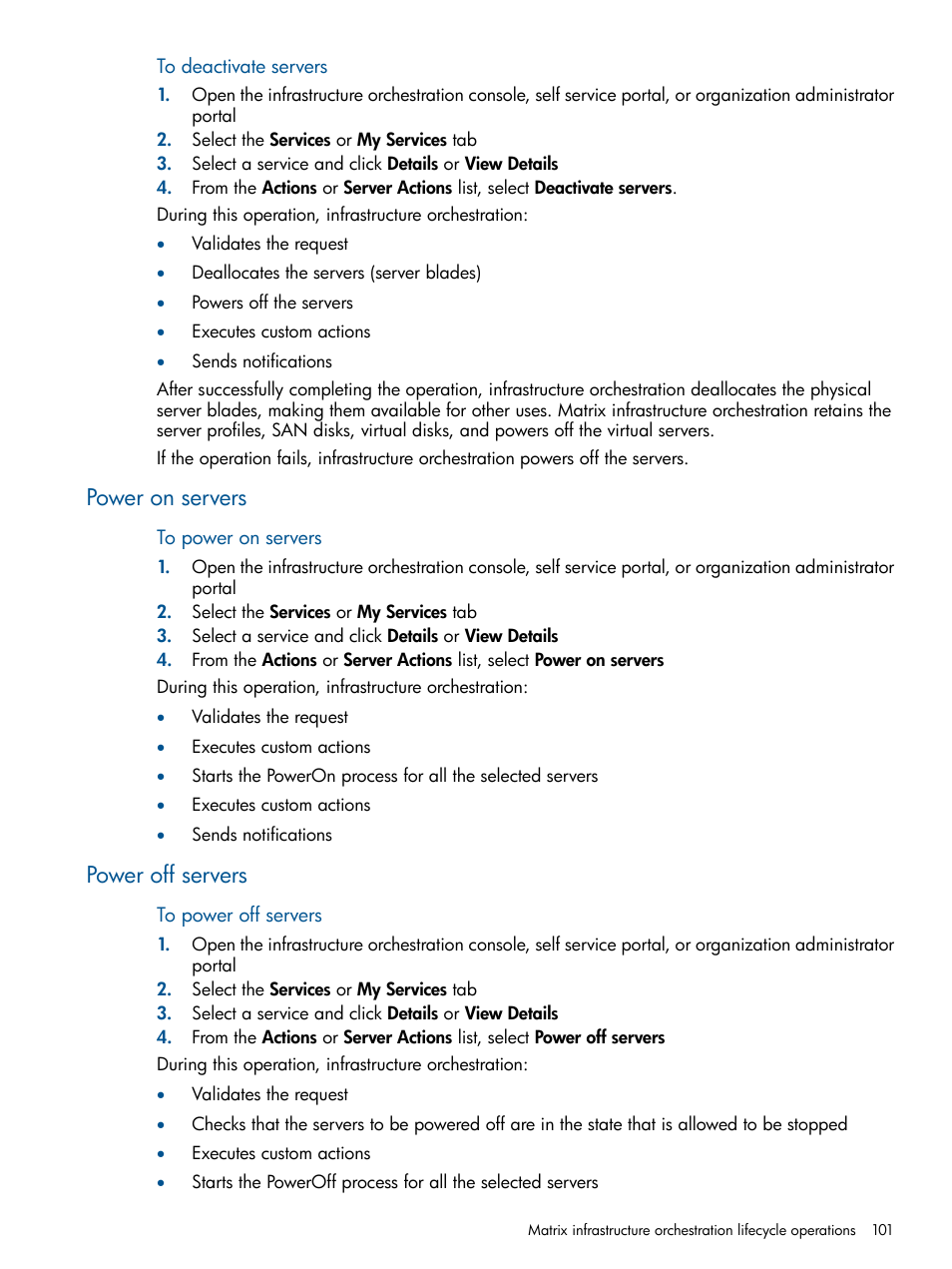 Power on servers, Power off servers, Power on servers power off servers | HP Matrix Operating Environment Software User Manual | Page 101 / 232