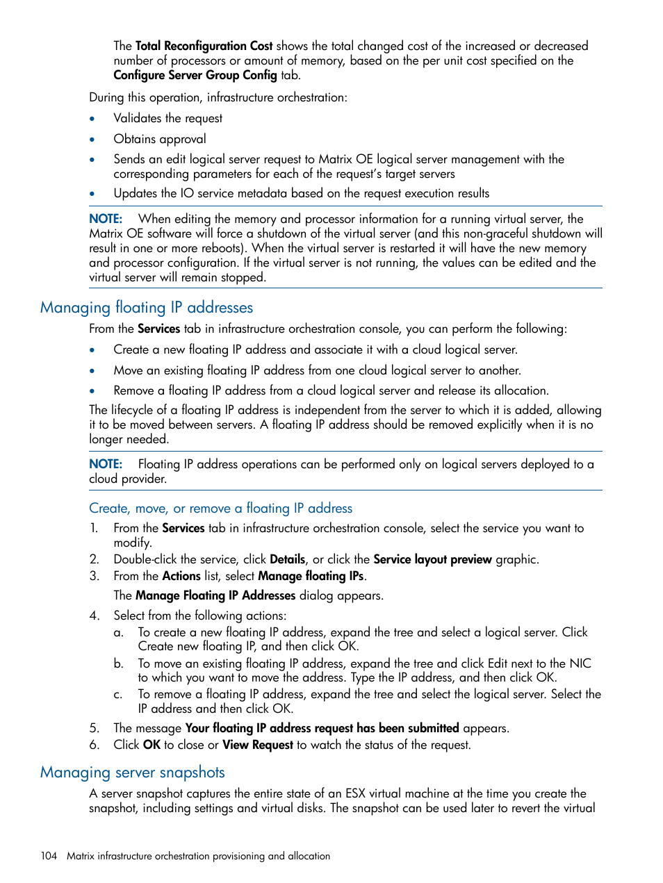 Managing floating ip addresses, Managing server snapshots | HP Matrix Operating Environment Software User Manual | Page 104 / 232