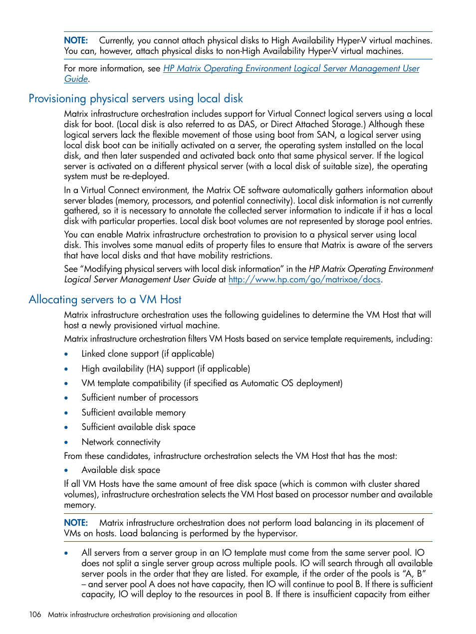 Provisioning physical servers using local disk, Allocating servers to a vm host | HP Matrix Operating Environment Software User Manual | Page 106 / 232