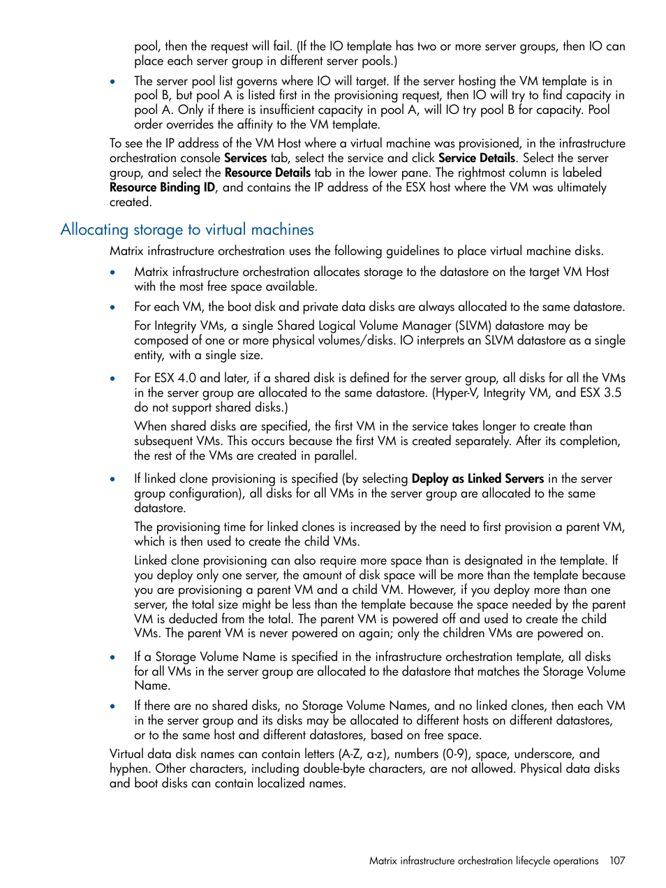 Allocating storage to virtual machines | HP Matrix Operating Environment Software User Manual | Page 107 / 232