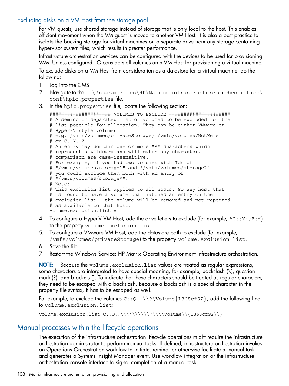 Excluding disks on a vm host from the storage pool, Manual processes within the lifecycle operations | HP Matrix Operating Environment Software User Manual | Page 108 / 232