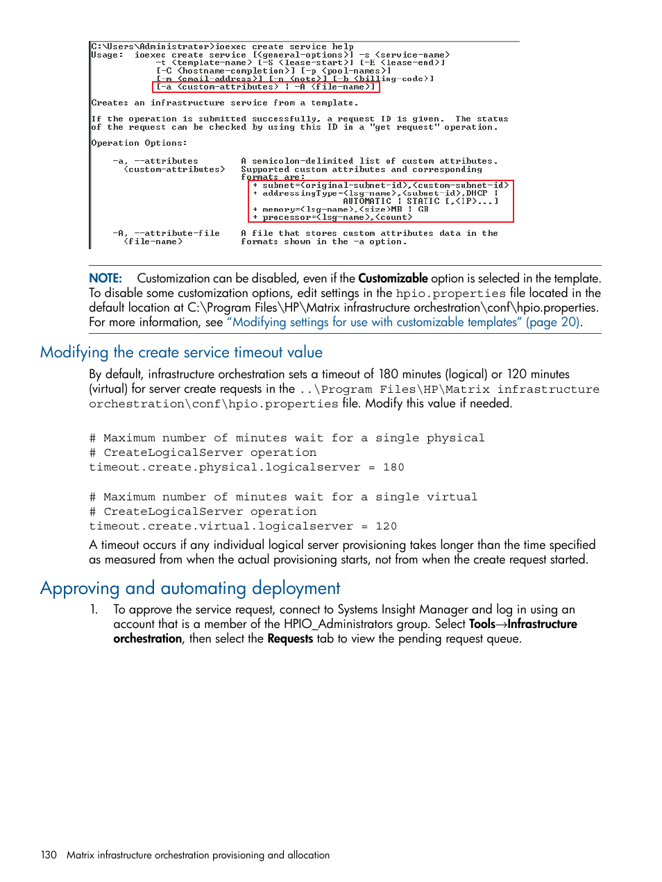 Modifying the create service timeout value, Approving and automating deployment | HP Matrix Operating Environment Software User Manual | Page 130 / 232
