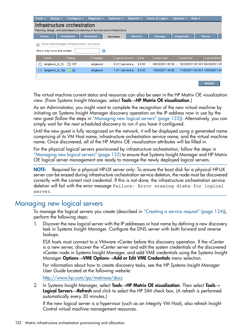 Managing new logical servers | HP Matrix Operating Environment Software User Manual | Page 132 / 232