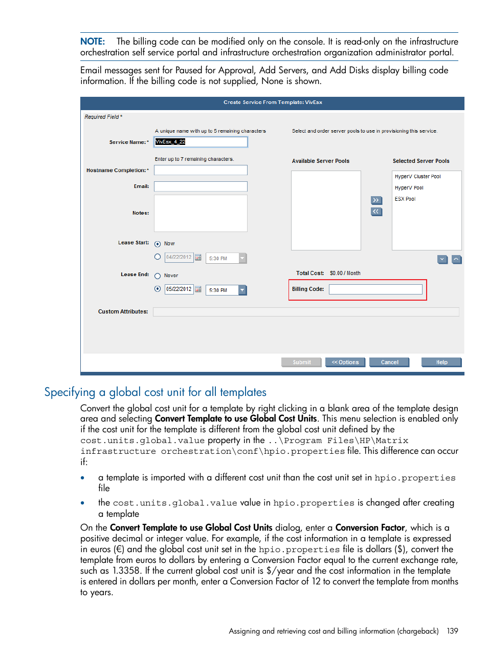 Specifying a global cost unit for all templates | HP Matrix Operating Environment Software User Manual | Page 139 / 232