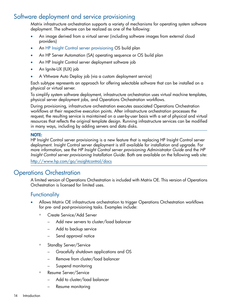 Software deployment and service provisioning, Operations orchestration, Functionality | HP Matrix Operating Environment Software User Manual | Page 14 / 232