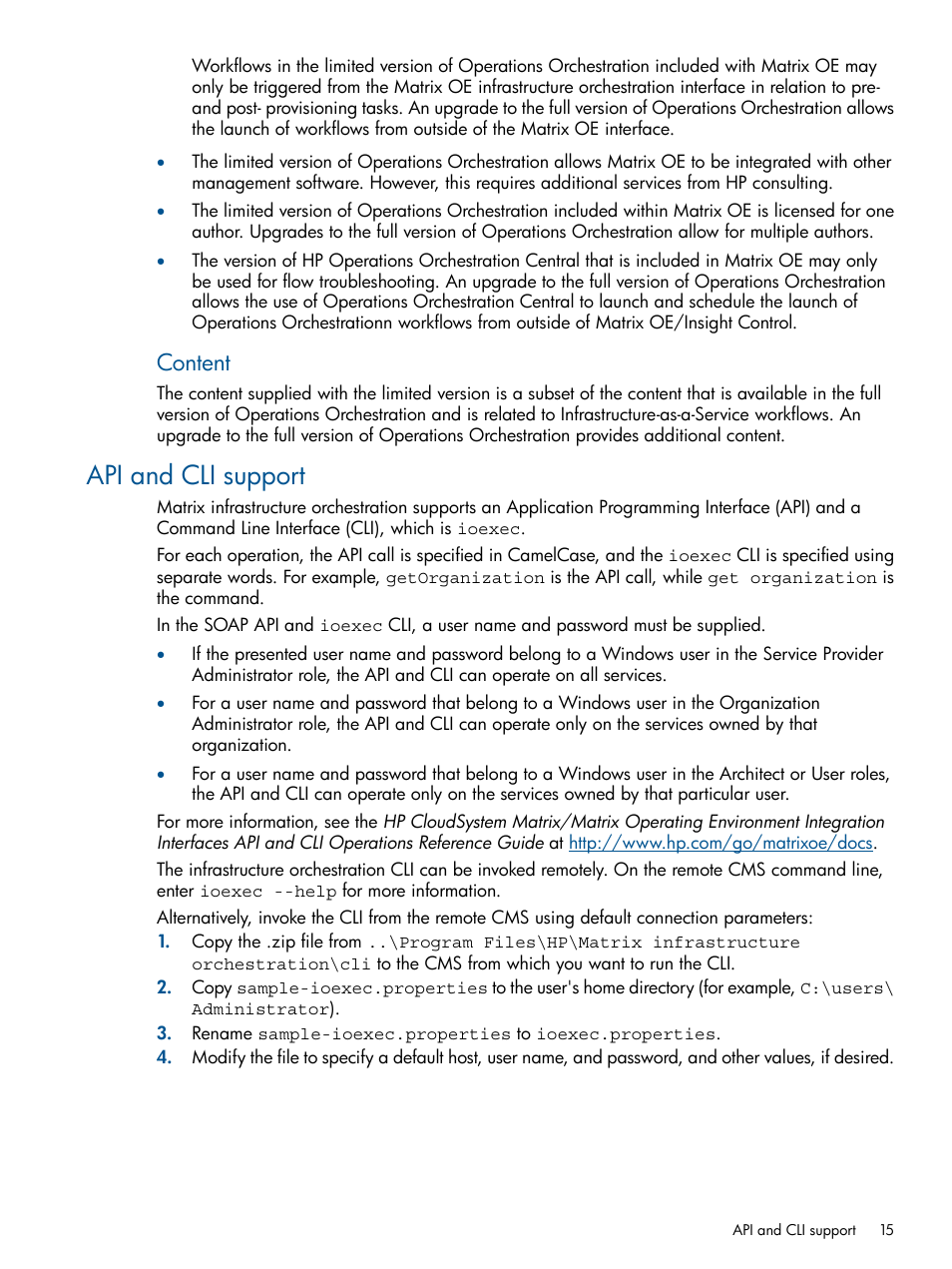 Api and cli support, Content | HP Matrix Operating Environment Software User Manual | Page 15 / 232