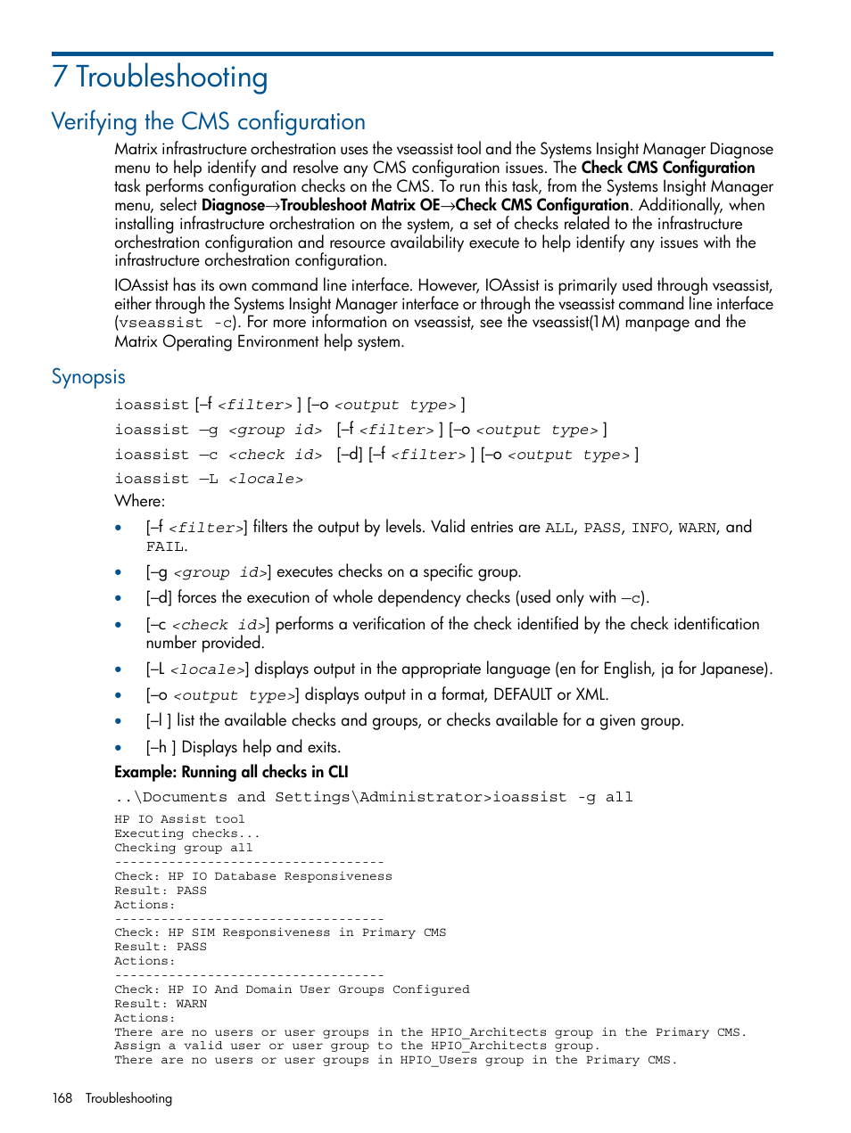 7 troubleshooting, Verifying the cms configuration, Synopsis | HP Matrix Operating Environment Software User Manual | Page 168 / 232