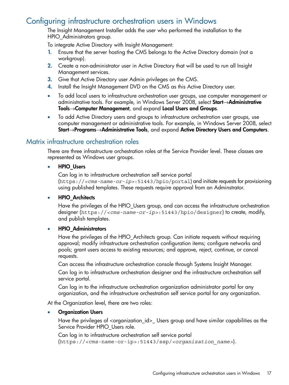 Matrix infrastructure orchestration roles | HP Matrix Operating Environment Software User Manual | Page 17 / 232