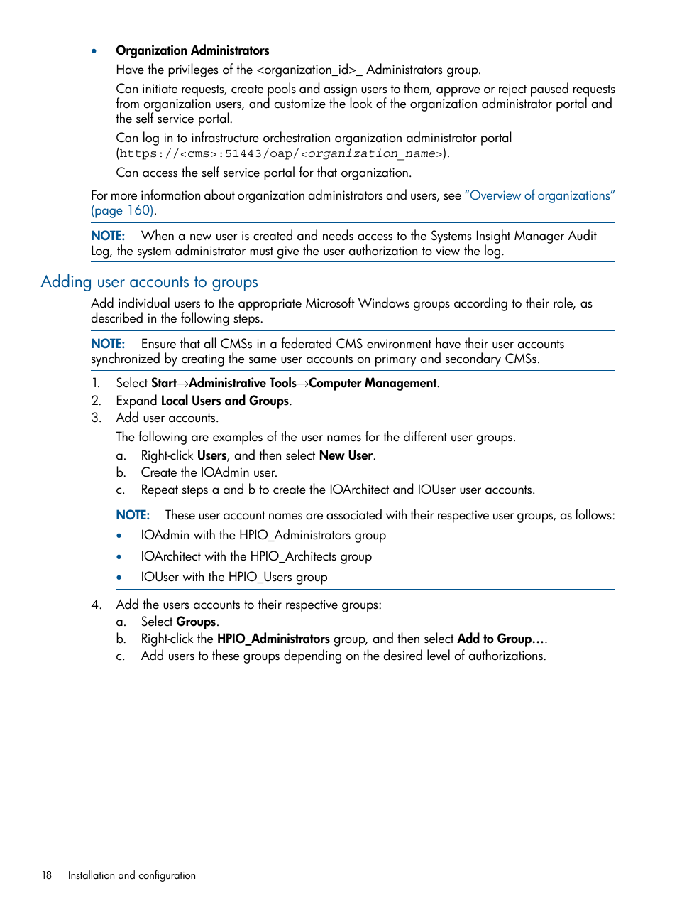 Adding user accounts to groups | HP Matrix Operating Environment Software User Manual | Page 18 / 232