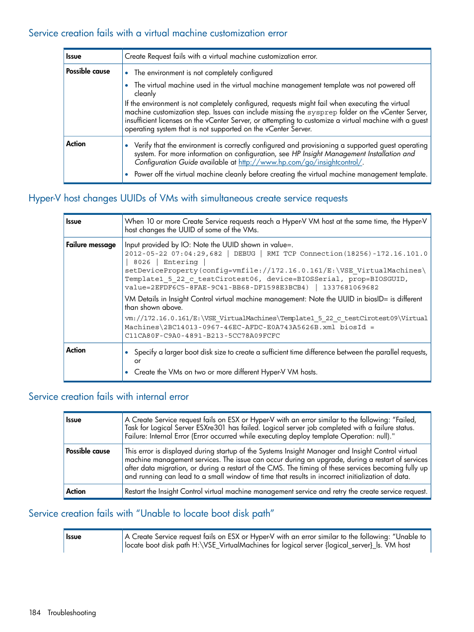 Service creation fails with internal error | HP Matrix Operating Environment Software User Manual | Page 184 / 232