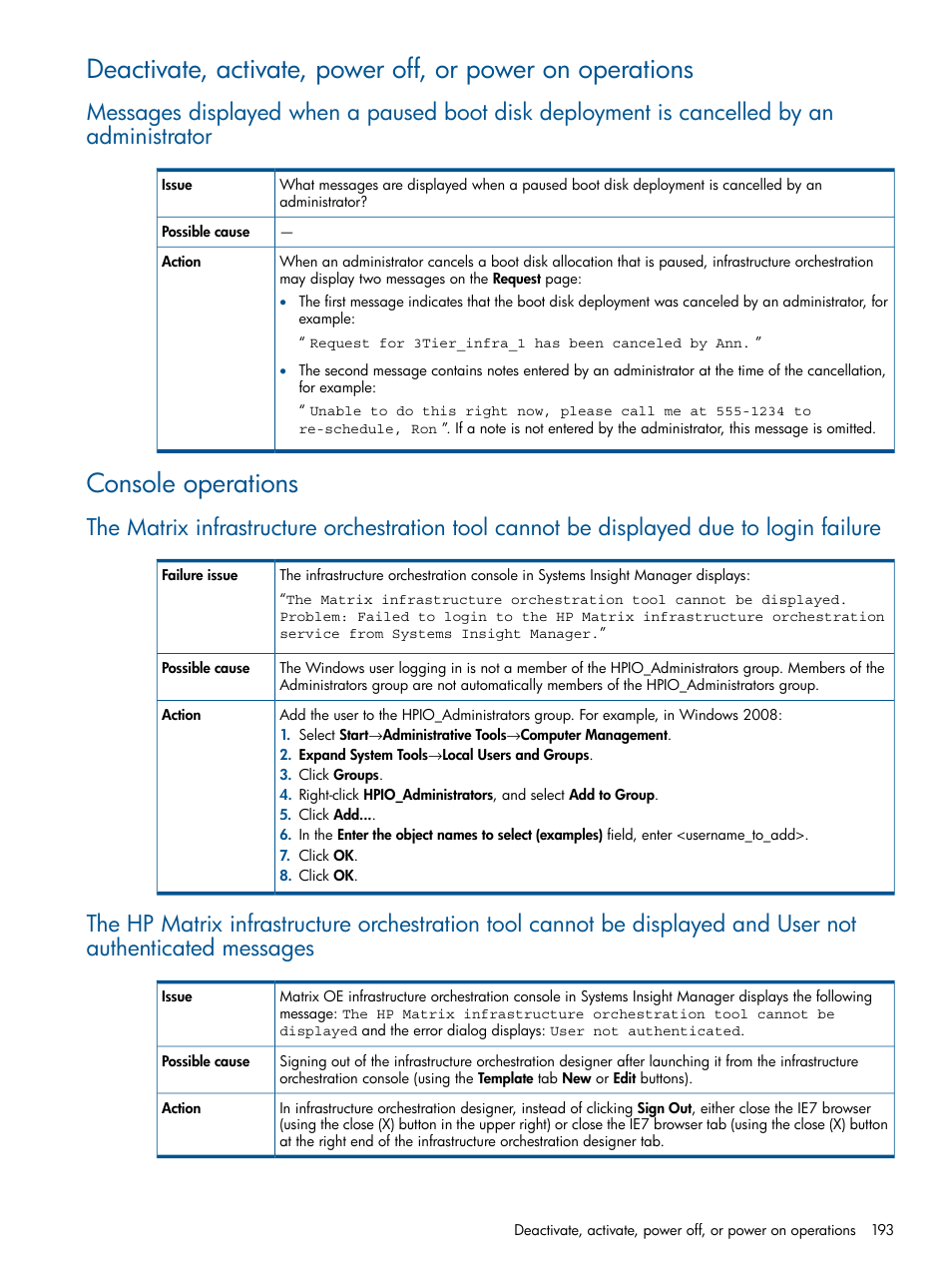 Console operations | HP Matrix Operating Environment Software User Manual | Page 193 / 232