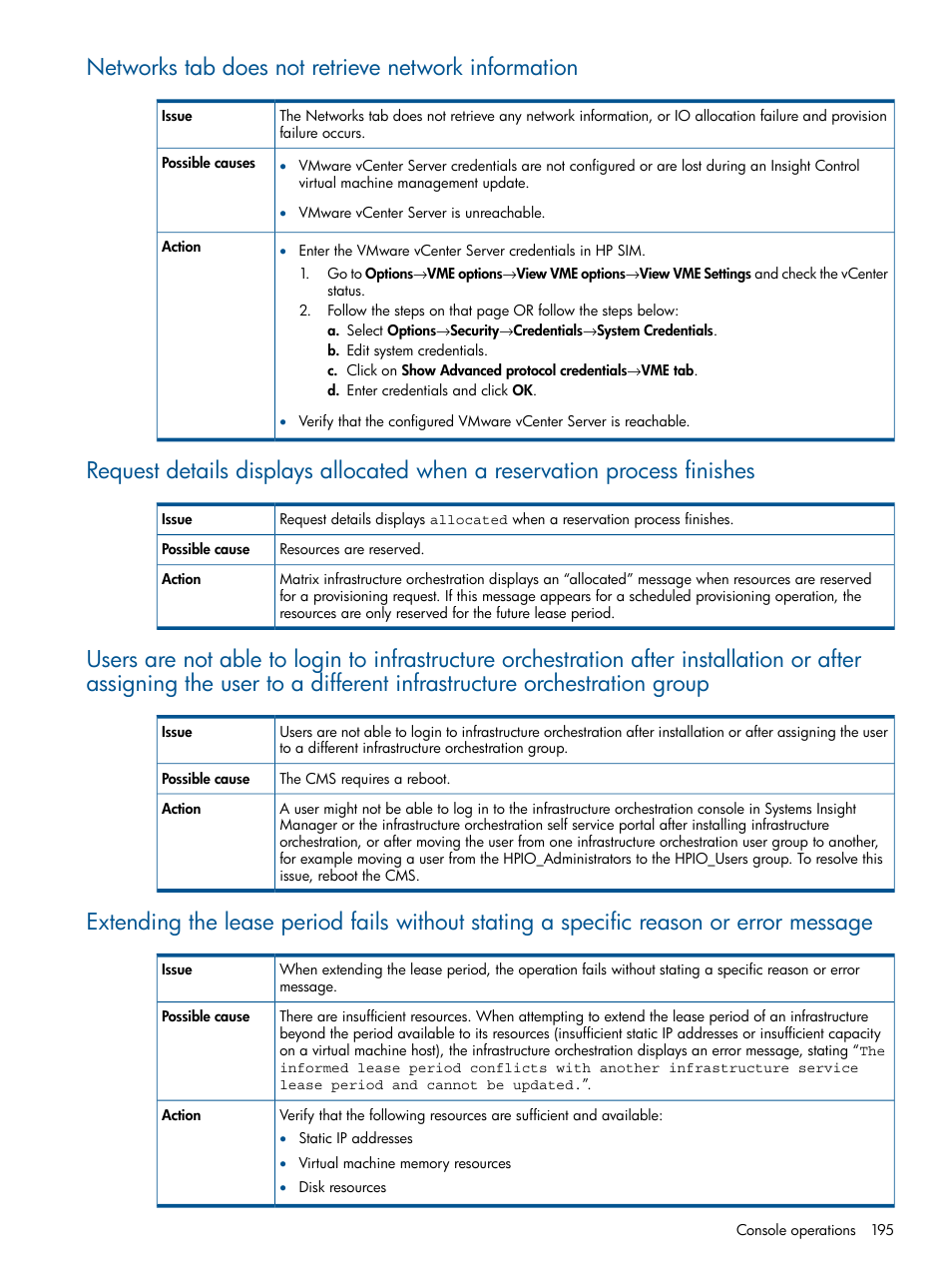 Networks tab does not retrieve network information | HP Matrix Operating Environment Software User Manual | Page 195 / 232