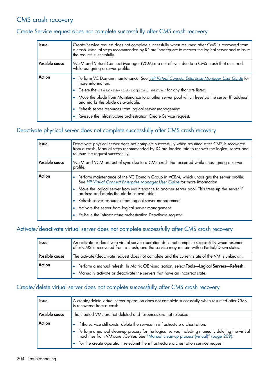 Cms crash recovery | HP Matrix Operating Environment Software User Manual | Page 204 / 232