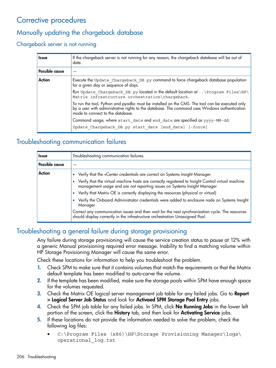 Corrective procedures, Manually updating the chargeback database, Chargeback server is not running | Troubleshooting communication failures | HP Matrix Operating Environment Software User Manual | Page 206 / 232