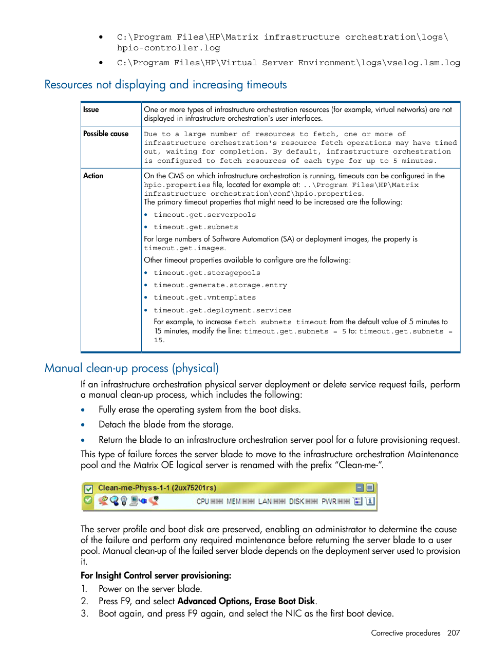 Resources not displaying and increasing timeouts, Manual clean-up process (physical), Manual clean-up process | Manual clean-up | HP Matrix Operating Environment Software User Manual | Page 207 / 232