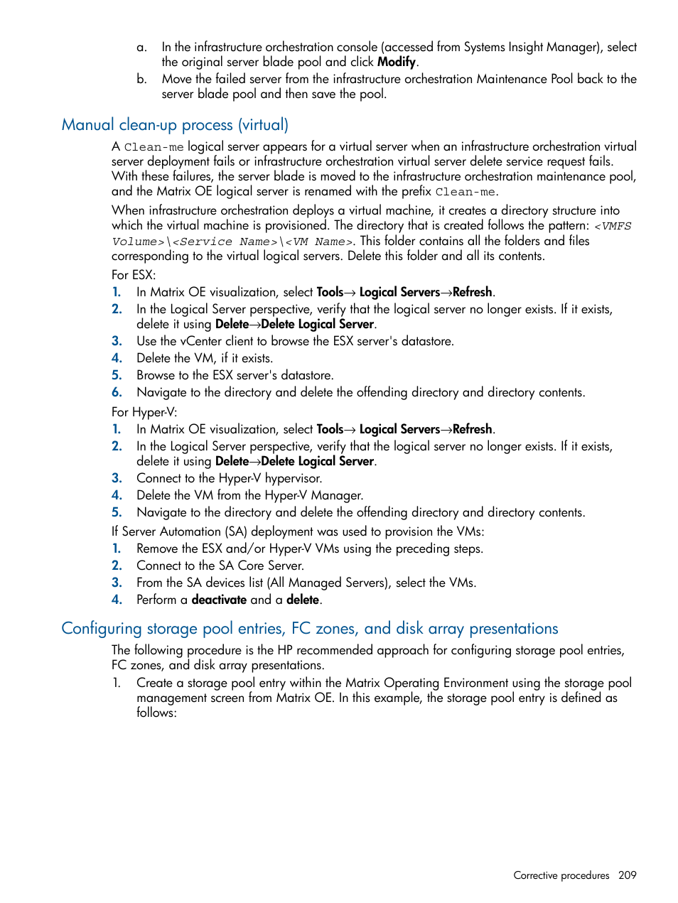 Manual clean-up process (virtual), Configuring storage | HP Matrix Operating Environment Software User Manual | Page 209 / 232