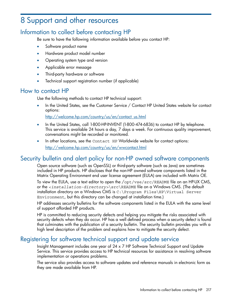 8 support and other resources, Information to collect before contacting hp, How to contact hp | HP Matrix Operating Environment Software User Manual | Page 217 / 232