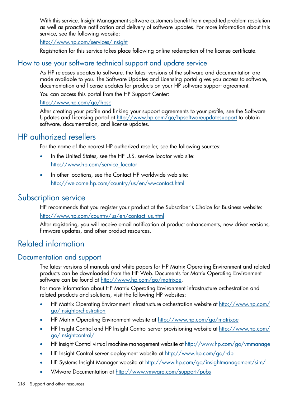 Hp authorized resellers, Subscription service, Related information | Documentation and support | HP Matrix Operating Environment Software User Manual | Page 218 / 232