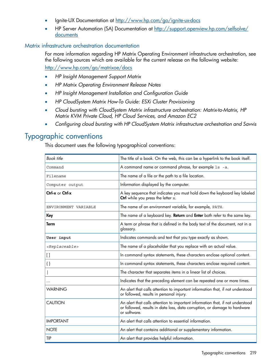 Matrix infrastructure orchestration documentation, Typographic conventions | HP Matrix Operating Environment Software User Manual | Page 219 / 232