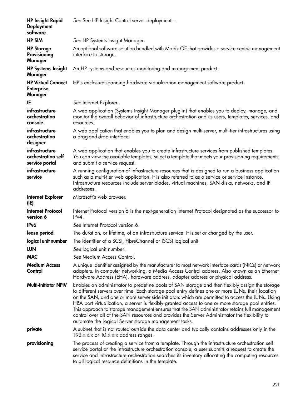 Provisioning, Infrastructure services, Services | HP Matrix Operating Environment Software User Manual | Page 221 / 232