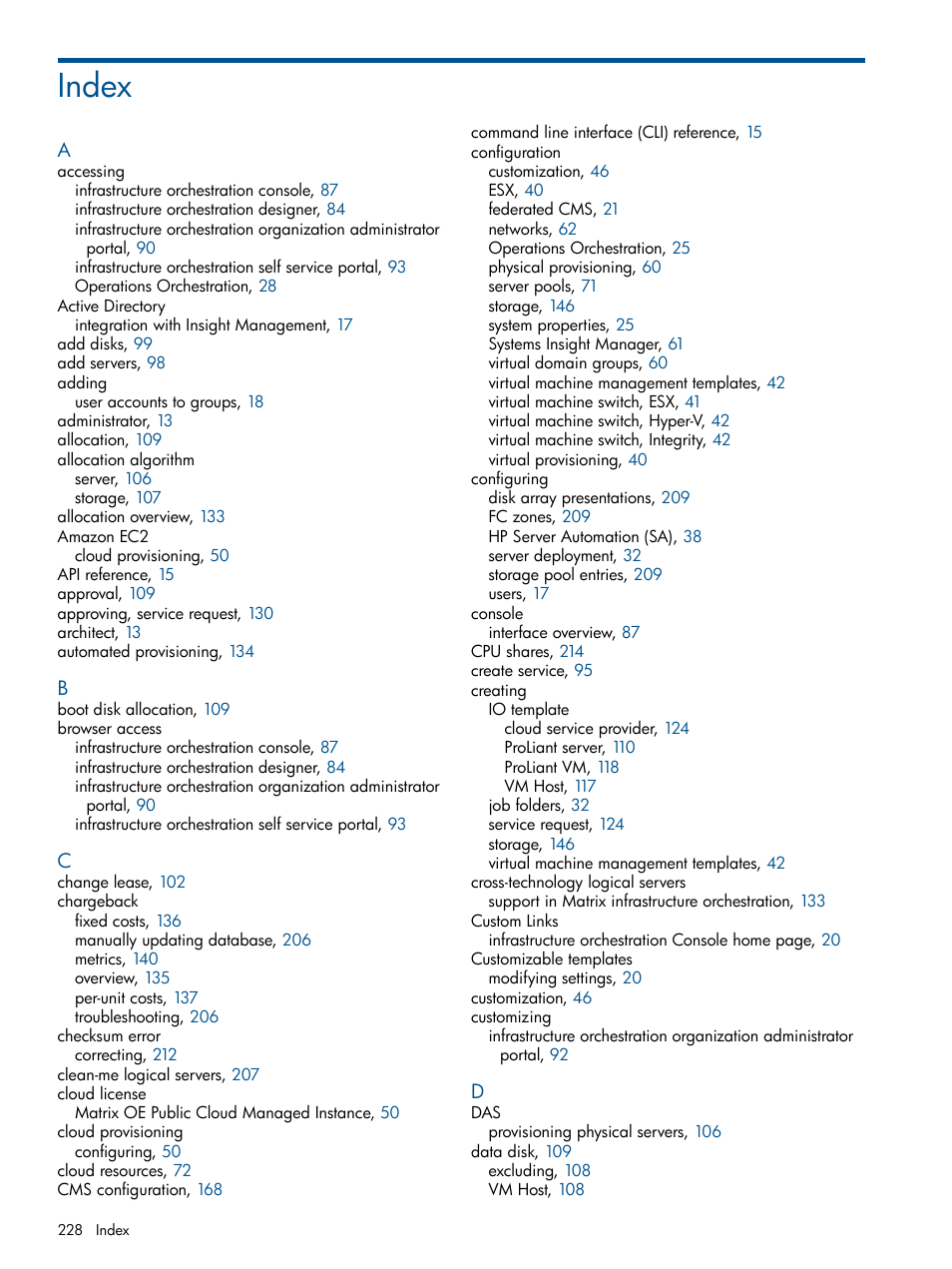 Index | HP Matrix Operating Environment Software User Manual | Page 228 / 232