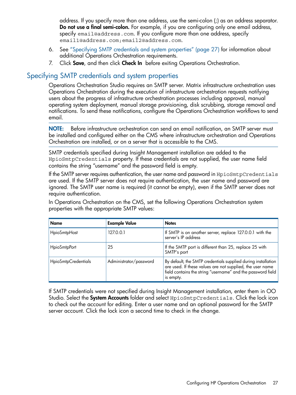 Specifying smtp credentials and system properties | HP Matrix Operating Environment Software User Manual | Page 27 / 232