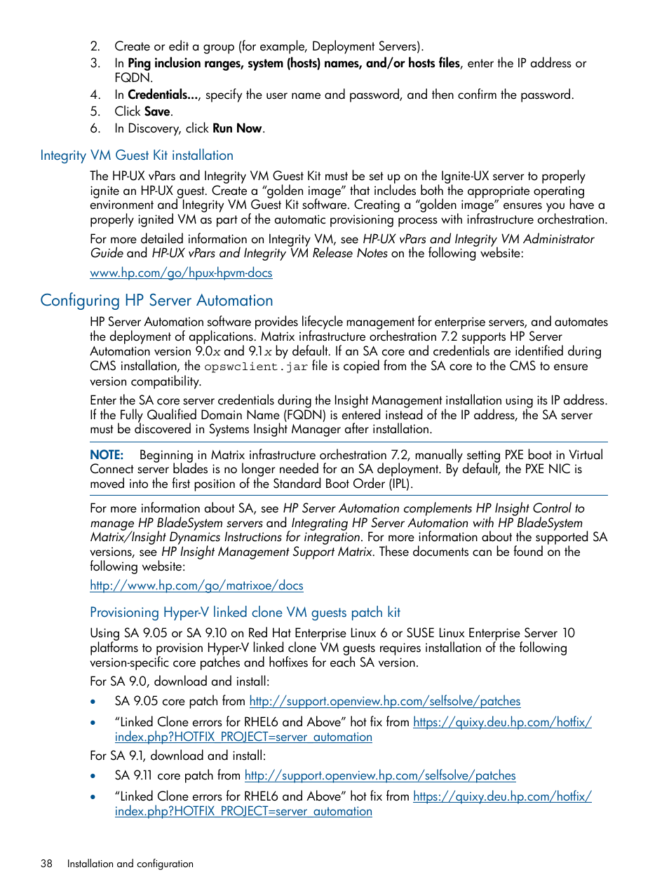 Integrity vm guest kit installation, Configuring hp server automation | HP Matrix Operating Environment Software User Manual | Page 38 / 232