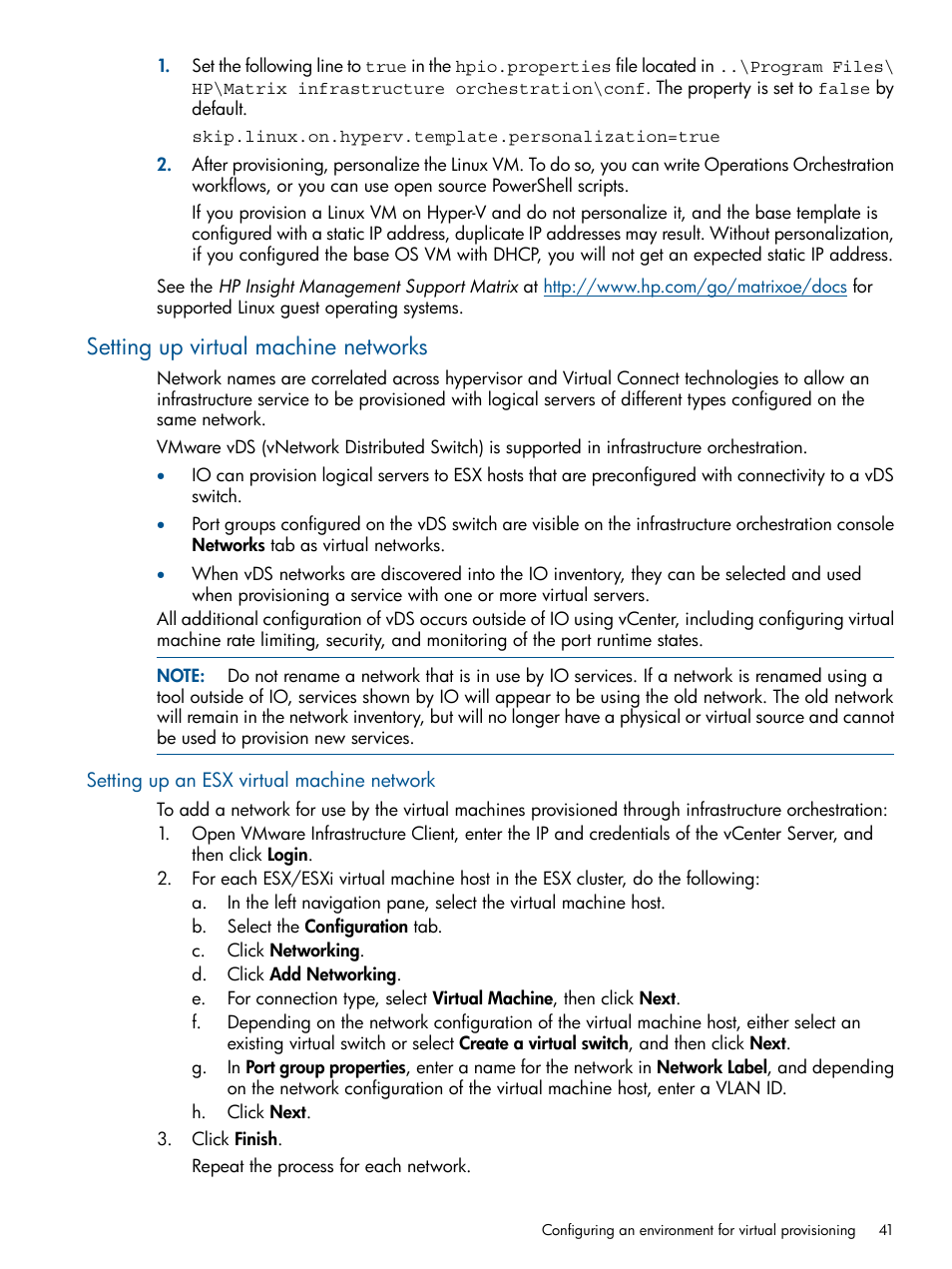 Setting up virtual machine networks, Setting up an esx virtual machine network | HP Matrix Operating Environment Software User Manual | Page 41 / 232