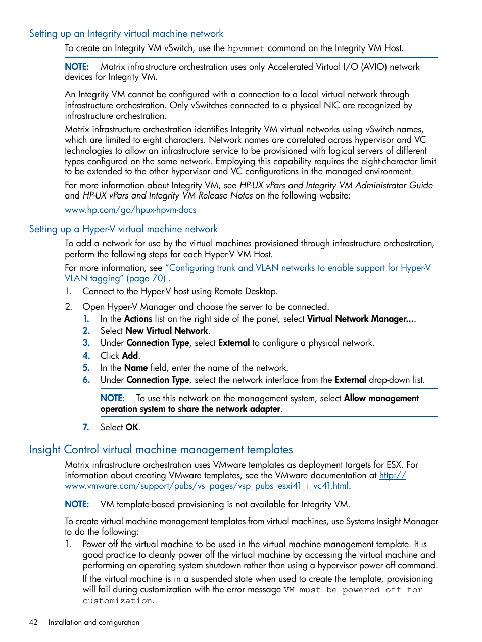 Setting up an integrity virtual machine network, Setting up a hyper-v virtual machine network | HP Matrix Operating Environment Software User Manual | Page 42 / 232