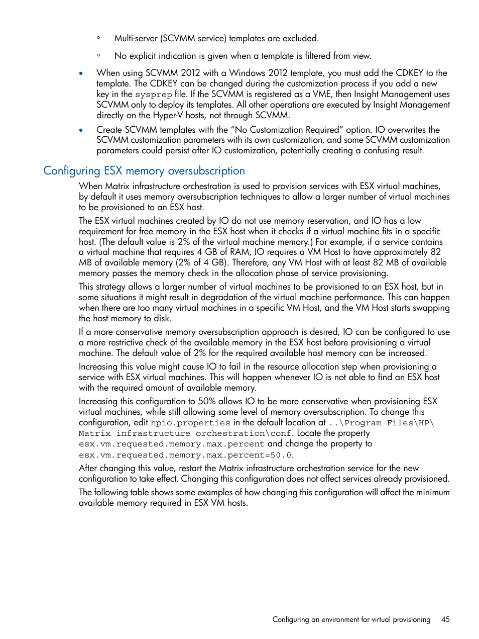 Configuring esx memory oversubscription | HP Matrix Operating Environment Software User Manual | Page 45 / 232