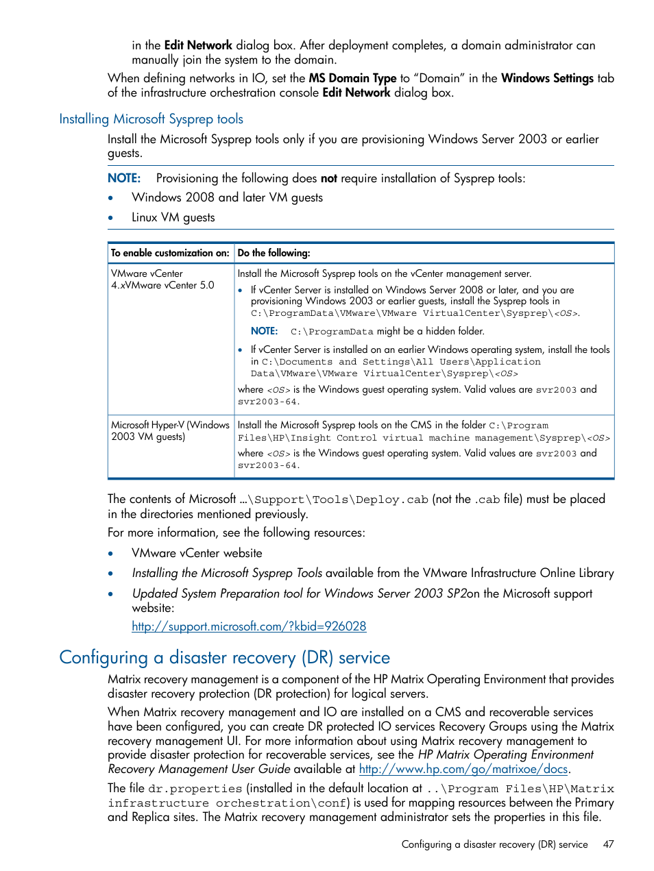 Installing microsoft sysprep tools, Configuring a disaster recovery (dr) service | HP Matrix Operating Environment Software User Manual | Page 47 / 232