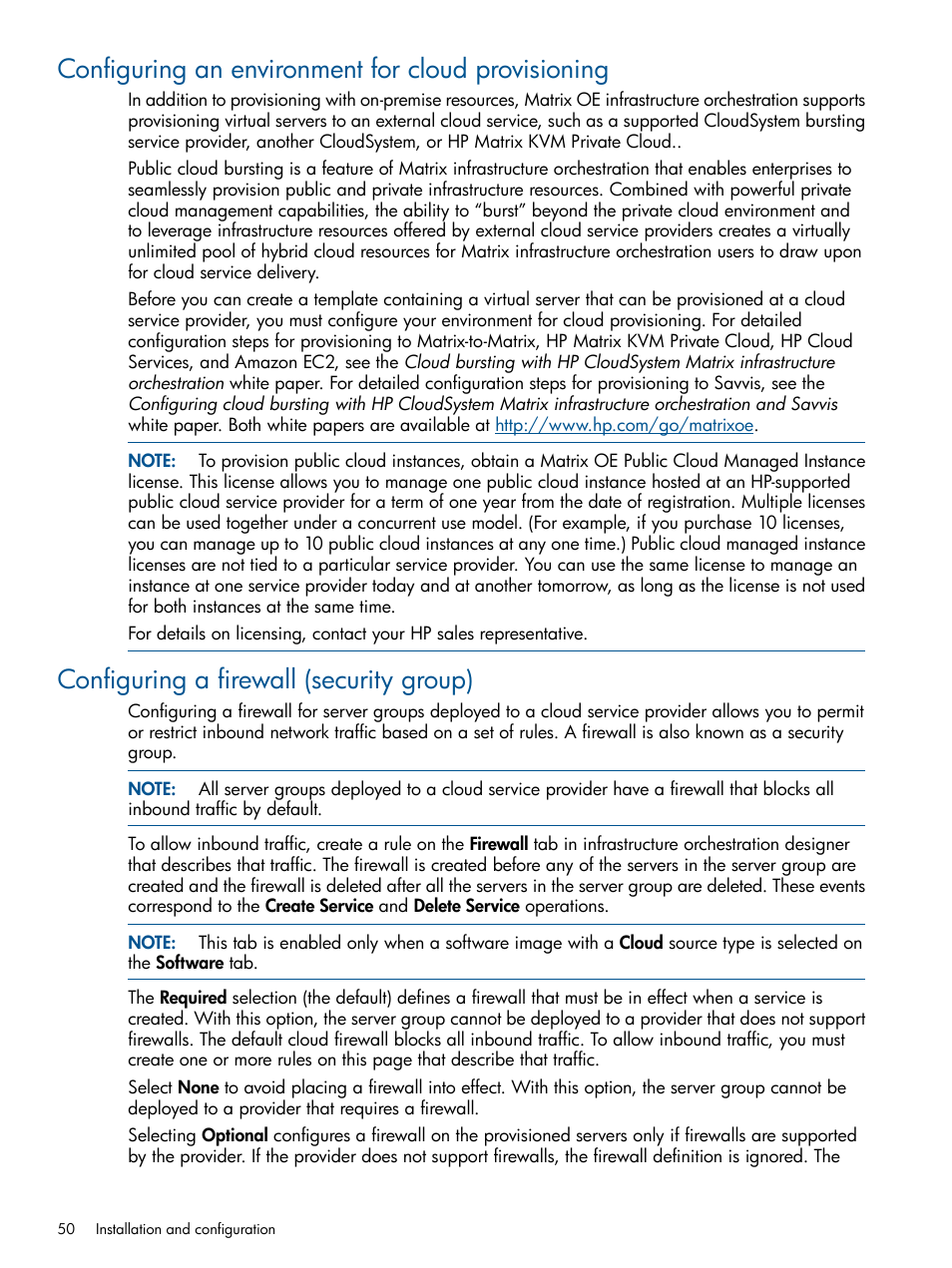 Configuring an environment for cloud provisioning, Configuring a firewall (security group) | HP Matrix Operating Environment Software User Manual | Page 50 / 232