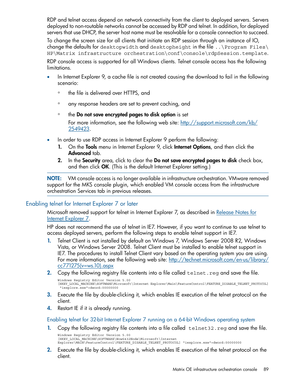 Enabling telnet for internet explorer 7 or later | HP Matrix Operating Environment Software User Manual | Page 89 / 232