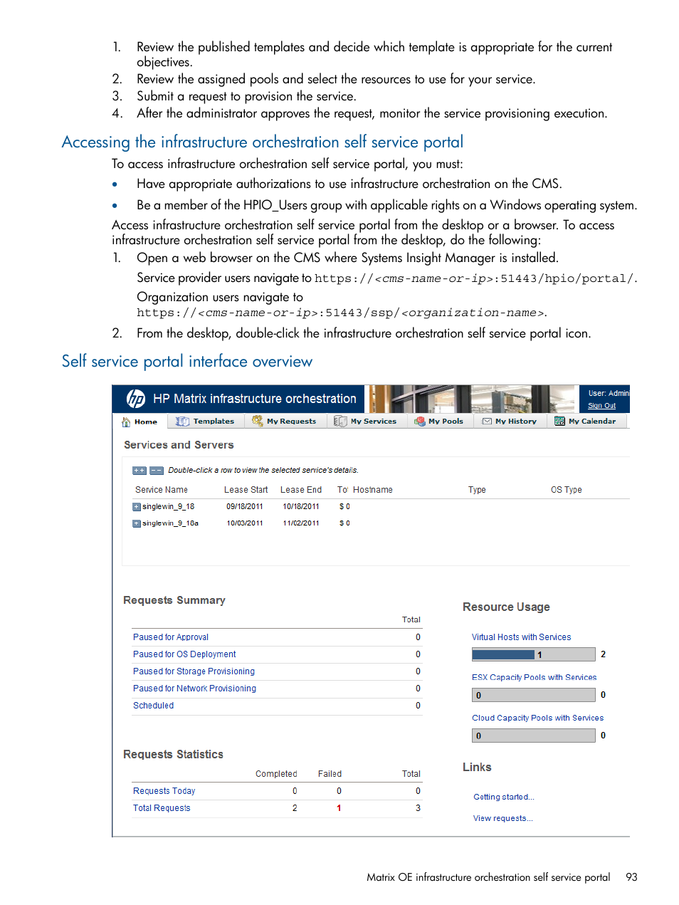 Self service portal interface overview | HP Matrix Operating Environment Software User Manual | Page 93 / 232