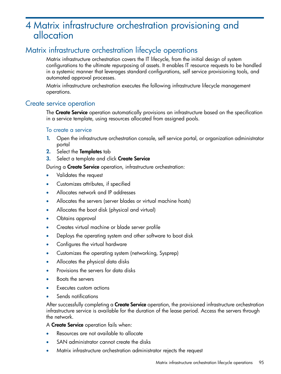 Create service operation | HP Matrix Operating Environment Software User Manual | Page 95 / 232