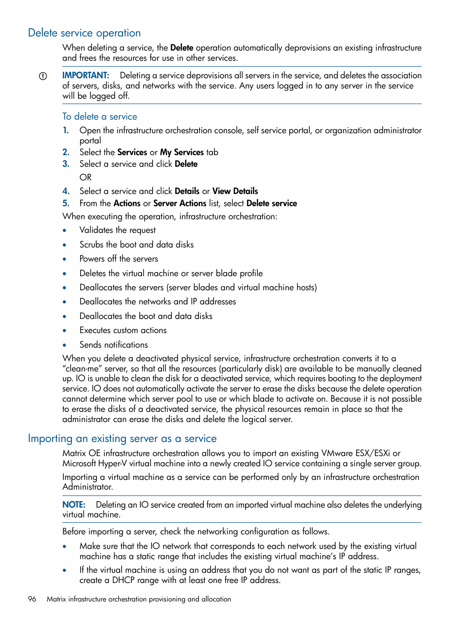 Delete service operation, Importing an existing server as a service | HP Matrix Operating Environment Software User Manual | Page 96 / 232