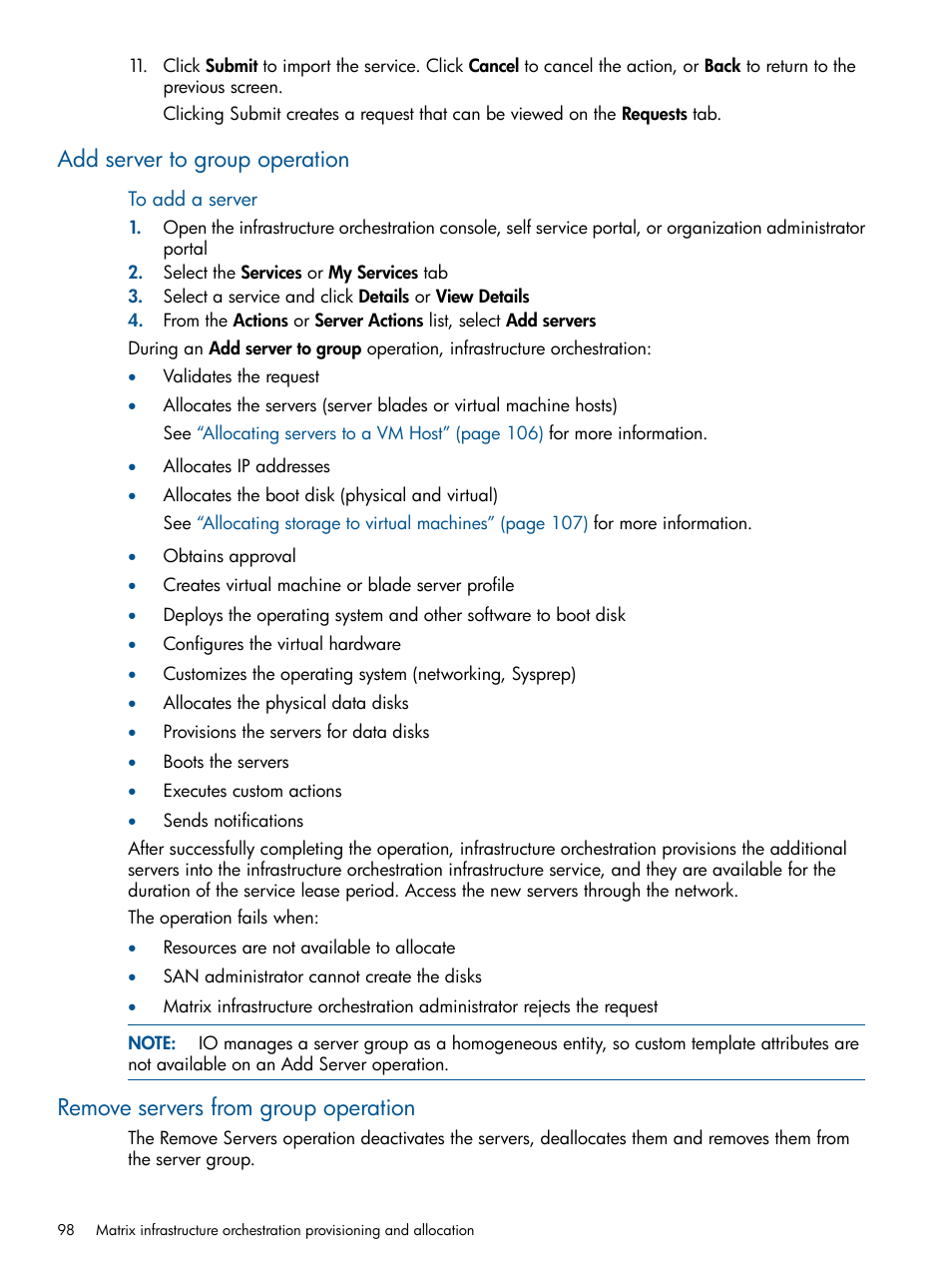 Add server to group operation, Remove servers from group operation | HP Matrix Operating Environment Software User Manual | Page 98 / 232